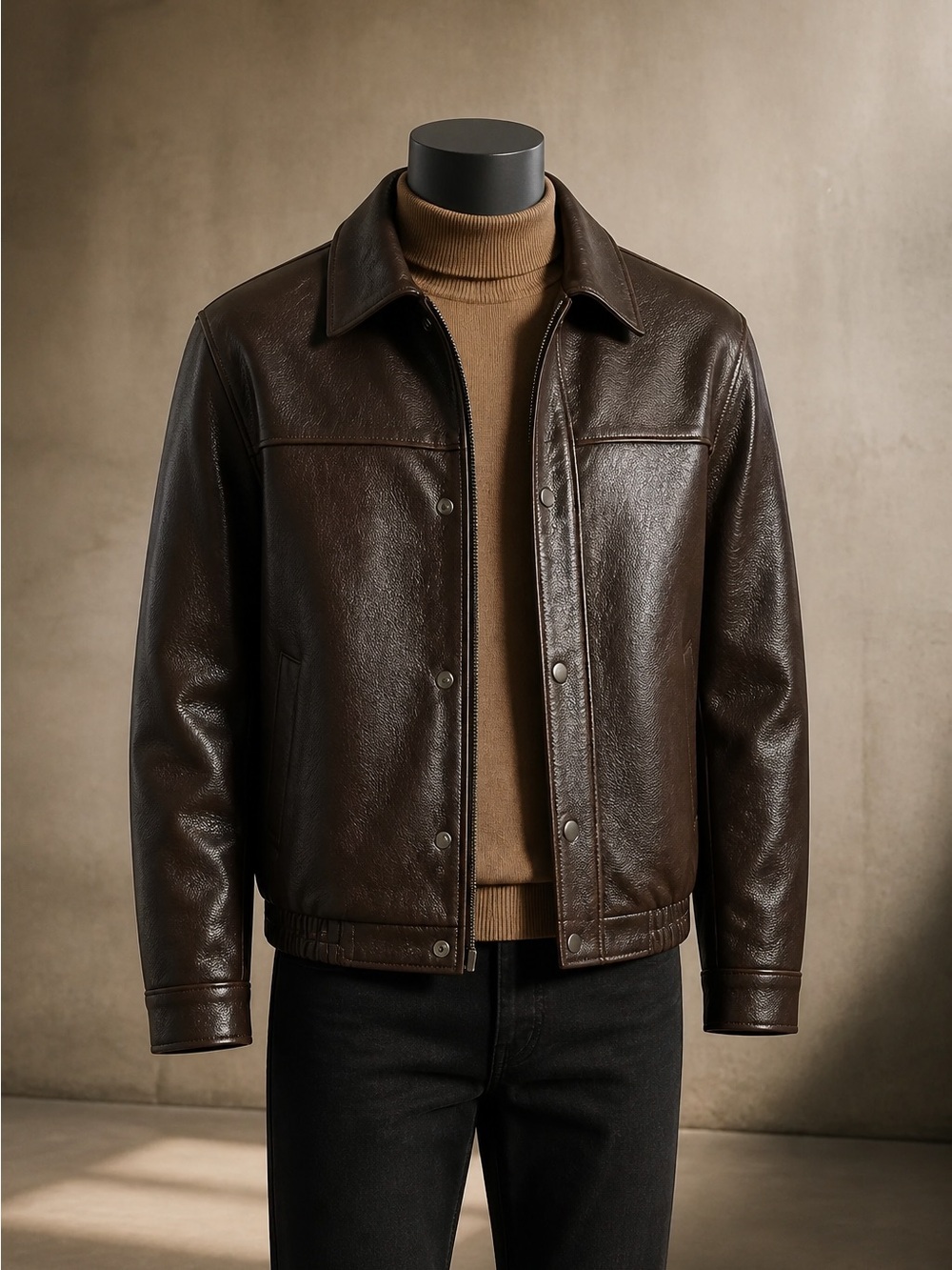 Men's or women’s Dark Brown Leather Jacket - Classic Collared Bomber